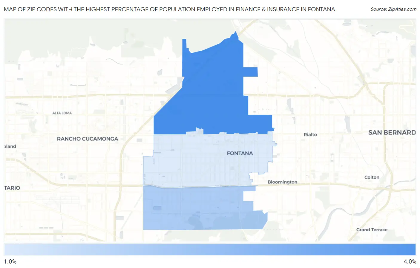 Zip Codes with the Highest Percentage of Population Employed in Finance & Insurance in Fontana Map