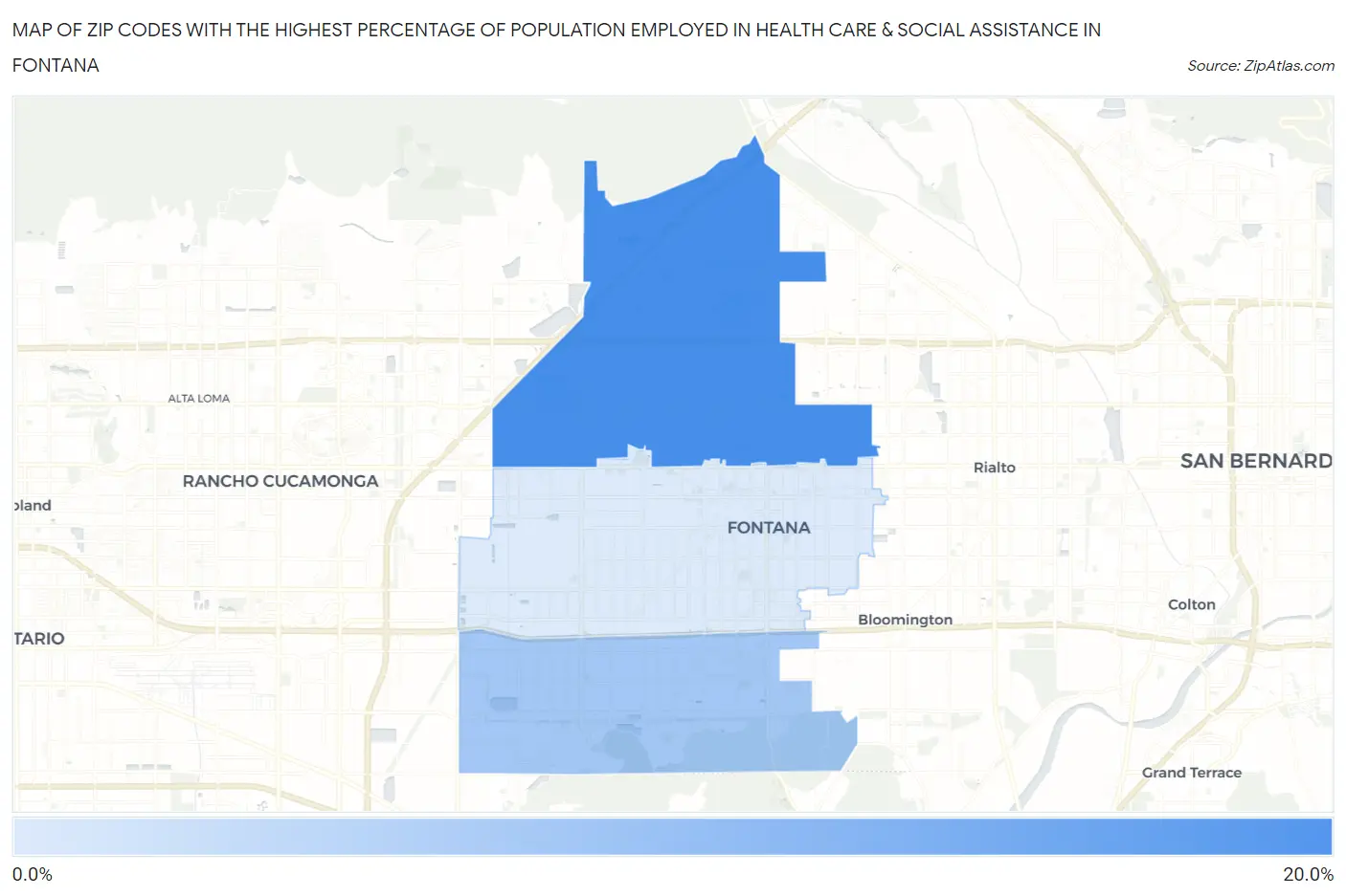 Zip Codes with the Highest Percentage of Population Employed in Health Care & Social Assistance in Fontana Map