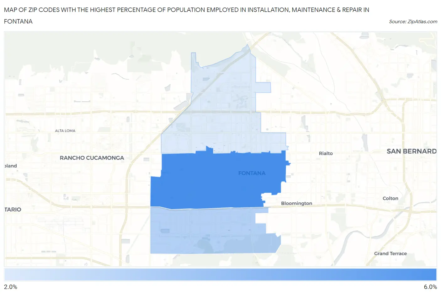 Zip Codes with the Highest Percentage of Population Employed in Installation, Maintenance & Repair in Fontana Map