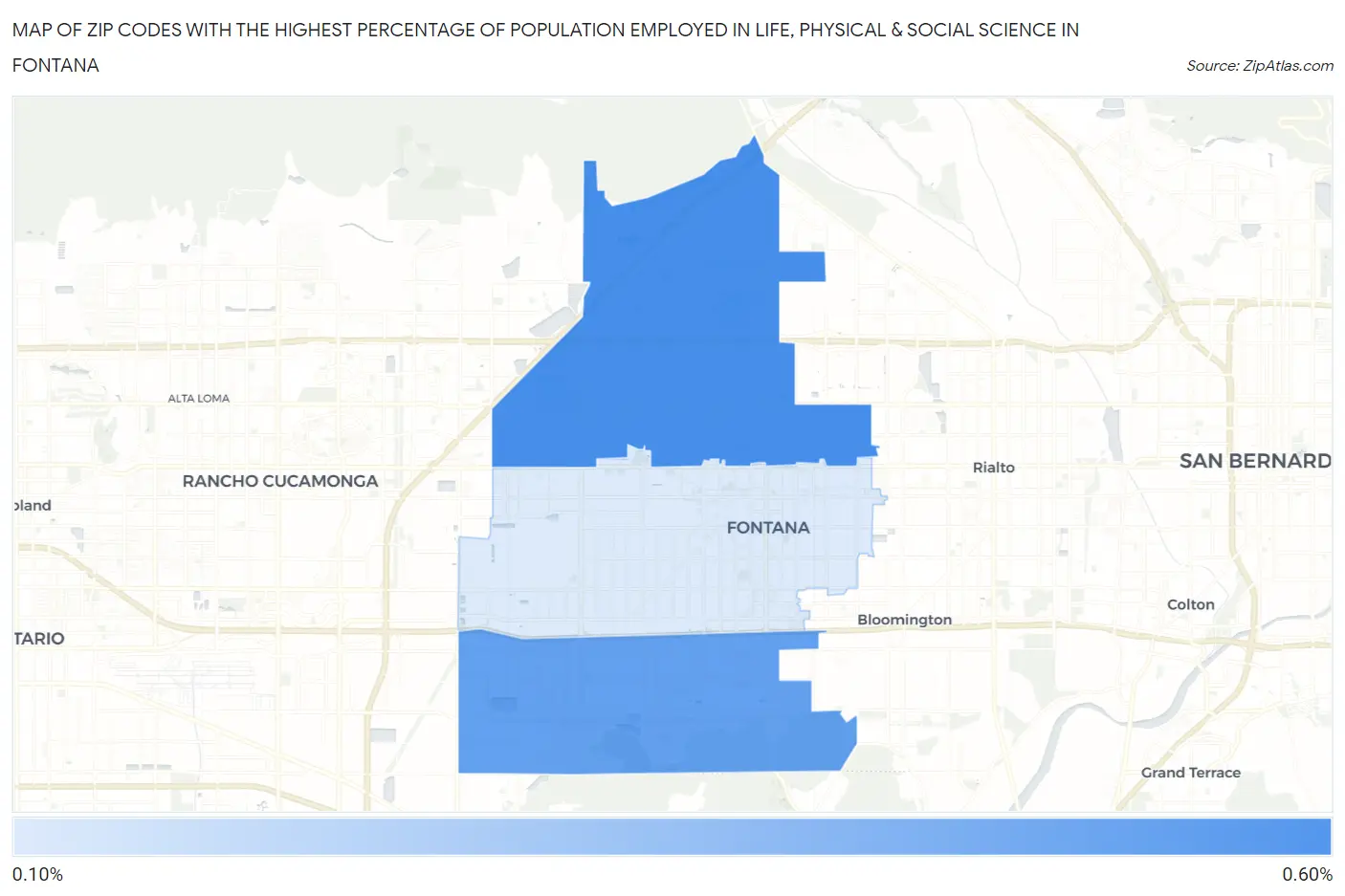 Zip Codes with the Highest Percentage of Population Employed in Life, Physical & Social Science in Fontana Map