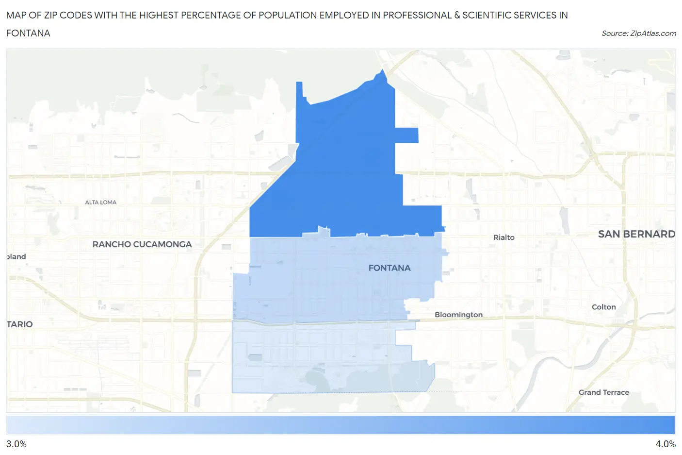 Zip Codes with the Highest Percentage of Population Employed in Professional & Scientific Services in Fontana Map