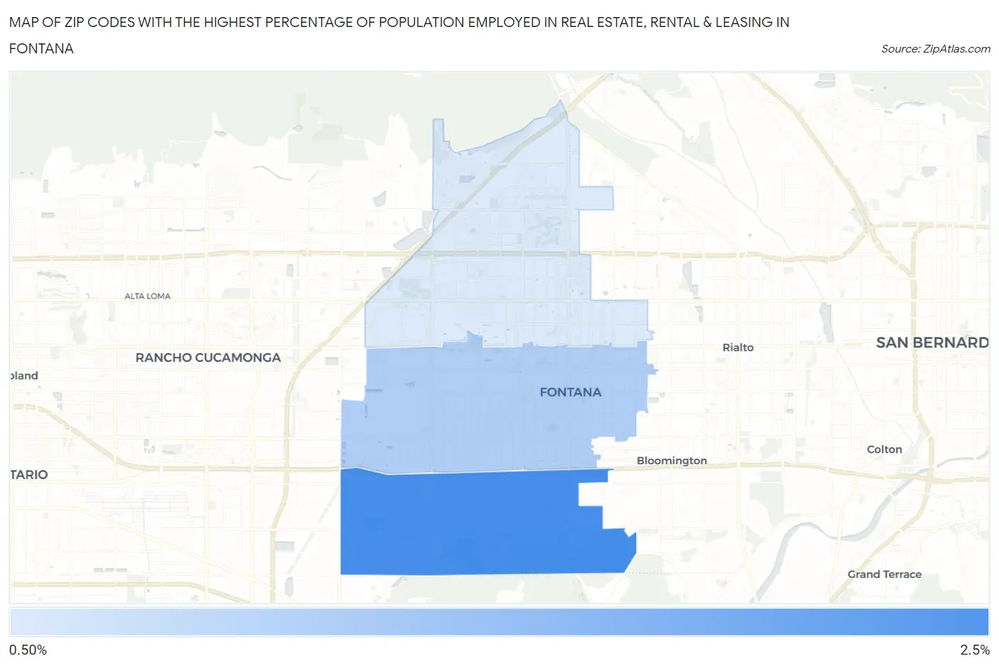 Zip Codes with the Highest Percentage of Population Employed in Real Estate, Rental & Leasing in Fontana Map