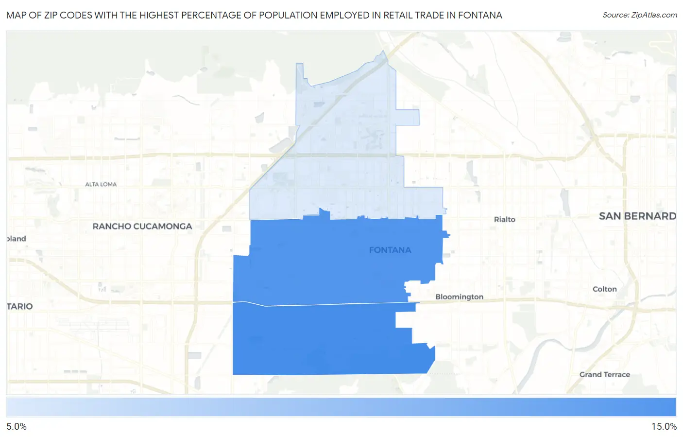 Zip Codes with the Highest Percentage of Population Employed in Retail Trade in Fontana Map