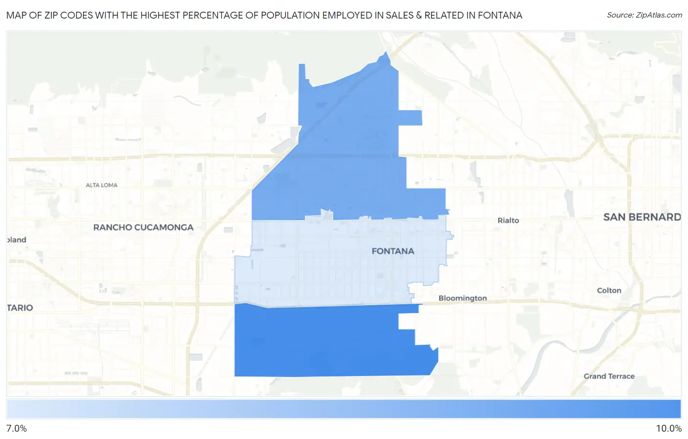 Zip Codes with the Highest Percentage of Population Employed in Sales & Related in Fontana Map