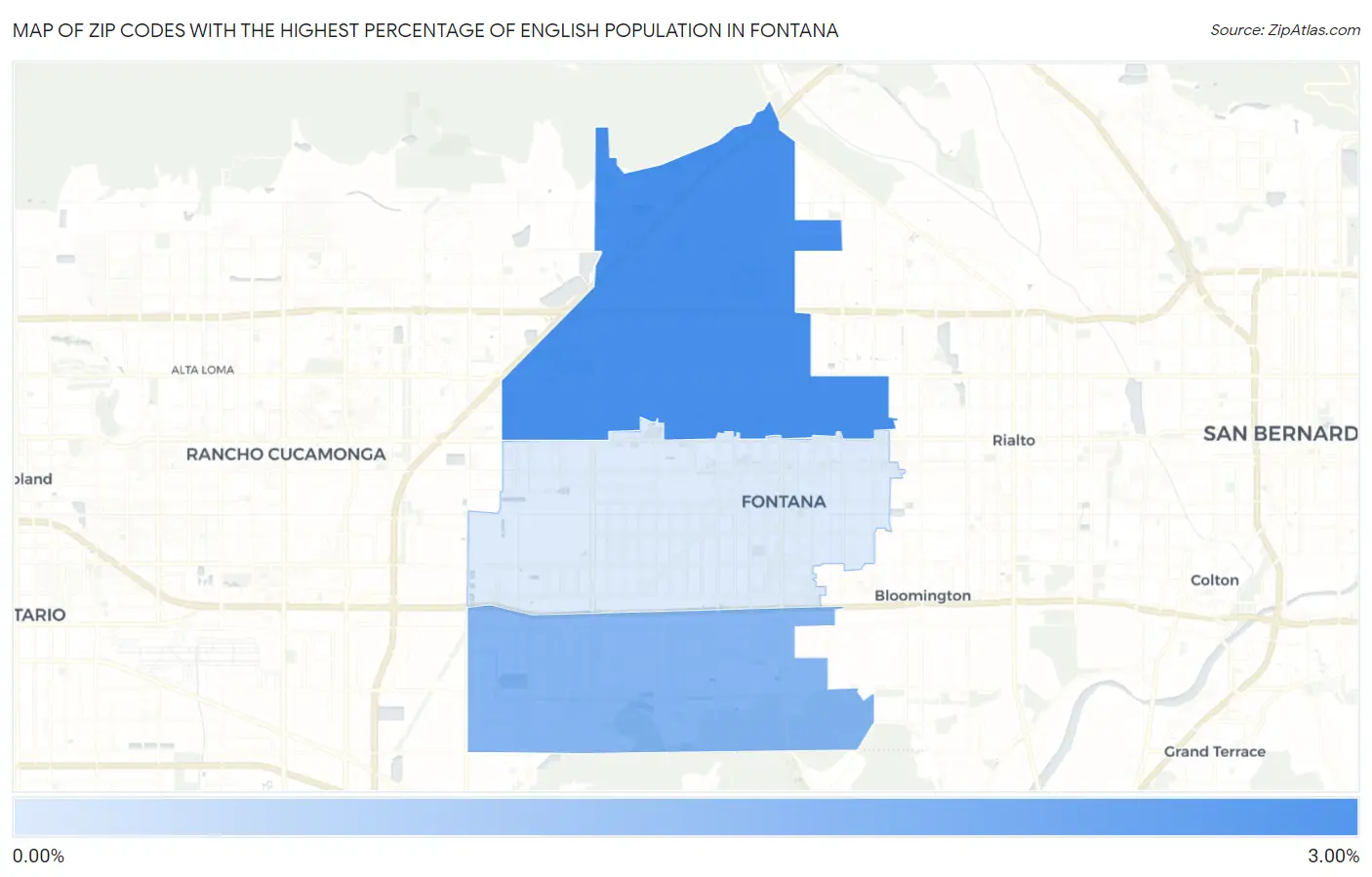 Zip Codes with the Highest Percentage of English Population in Fontana Map