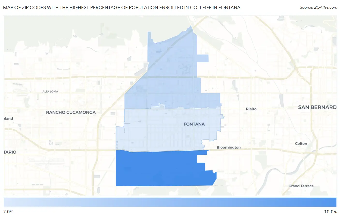 Zip Codes with the Highest Percentage of Population Enrolled in College in Fontana Map