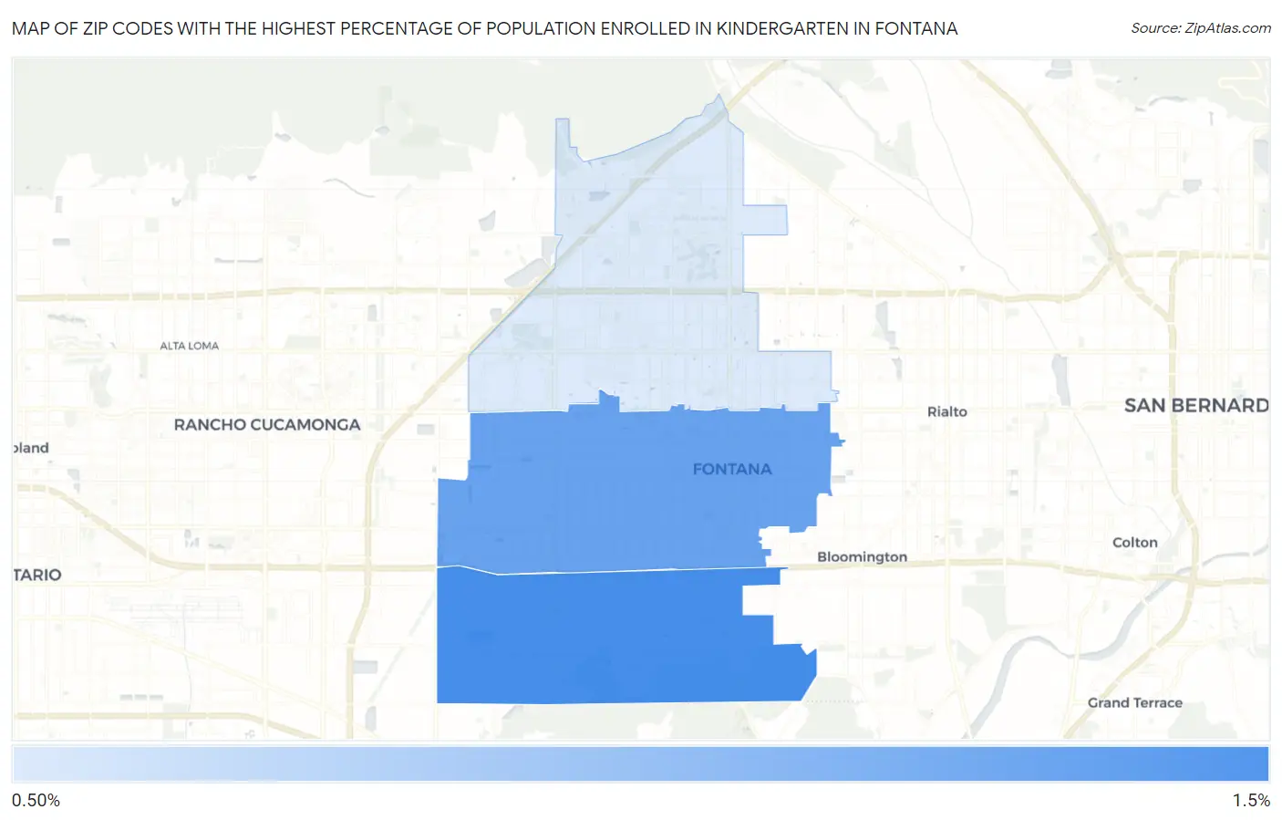 Zip Codes with the Highest Percentage of Population Enrolled in Kindergarten in Fontana Map