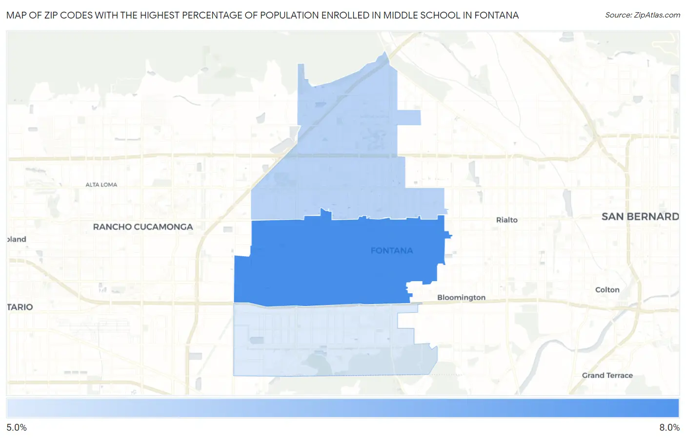 Zip Codes with the Highest Percentage of Population Enrolled in Middle School in Fontana Map