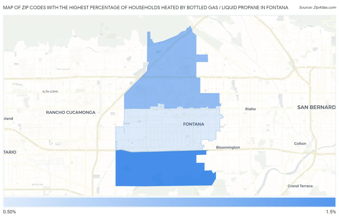 Zip Codes with the Highest Percentage of Households Heated by Bottled Gas / Liquid Propane in Fontana Map
