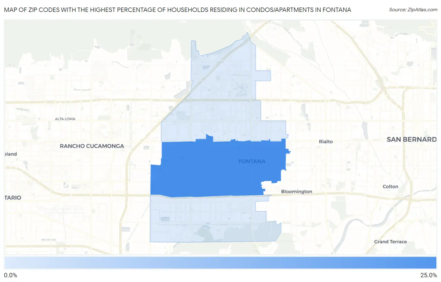 Zip Codes with the Highest Percentage of Households Residing in Condos/Apartments in Fontana Map