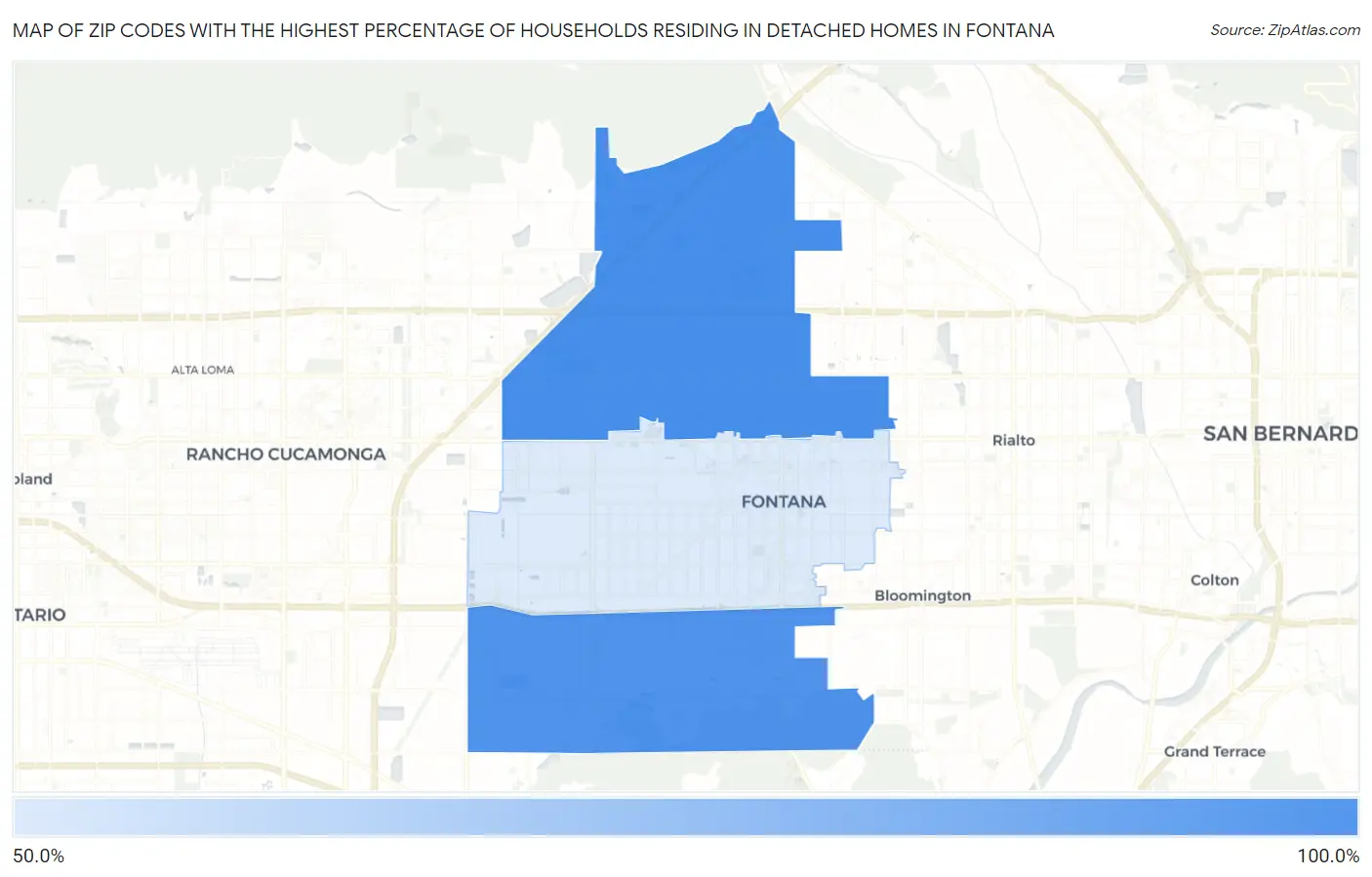Zip Codes with the Highest Percentage of Households Residing in Detached Homes in Fontana Map