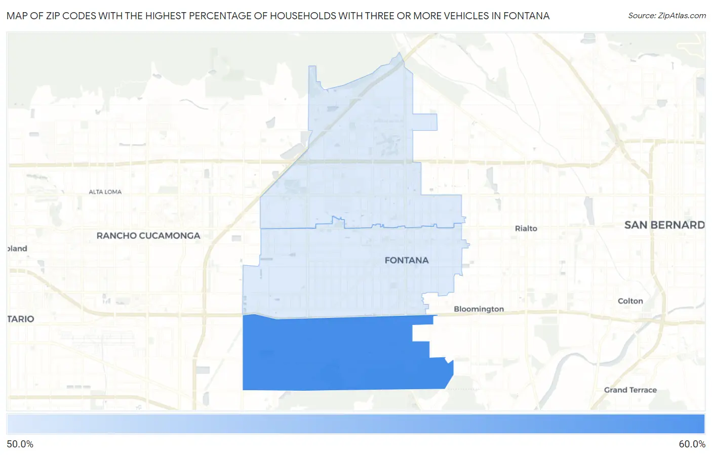 Zip Codes with the Highest Percentage of Households With Three or more Vehicles in Fontana Map