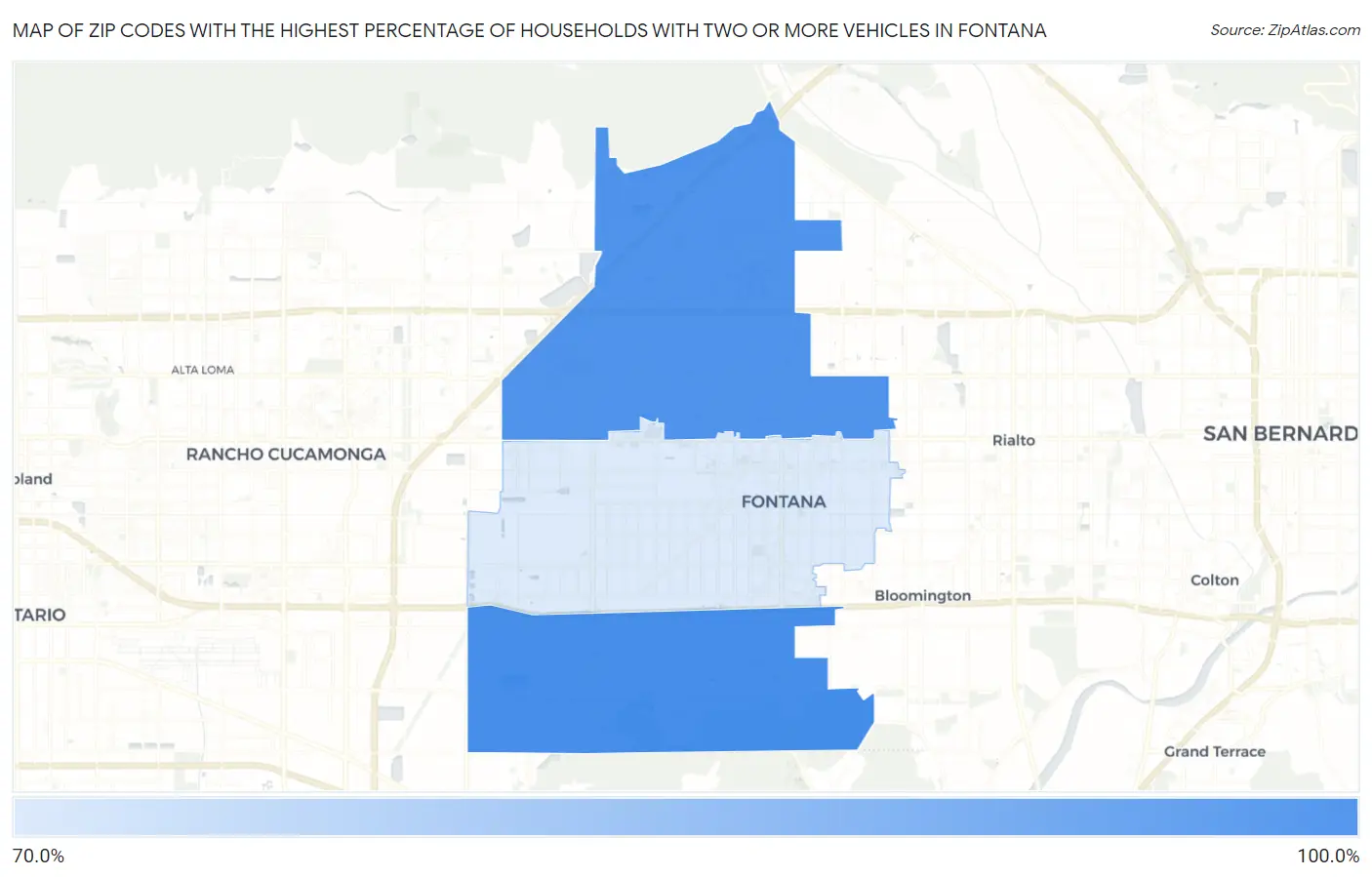Zip Codes with the Highest Percentage of Households With Two or more Vehicles in Fontana Map