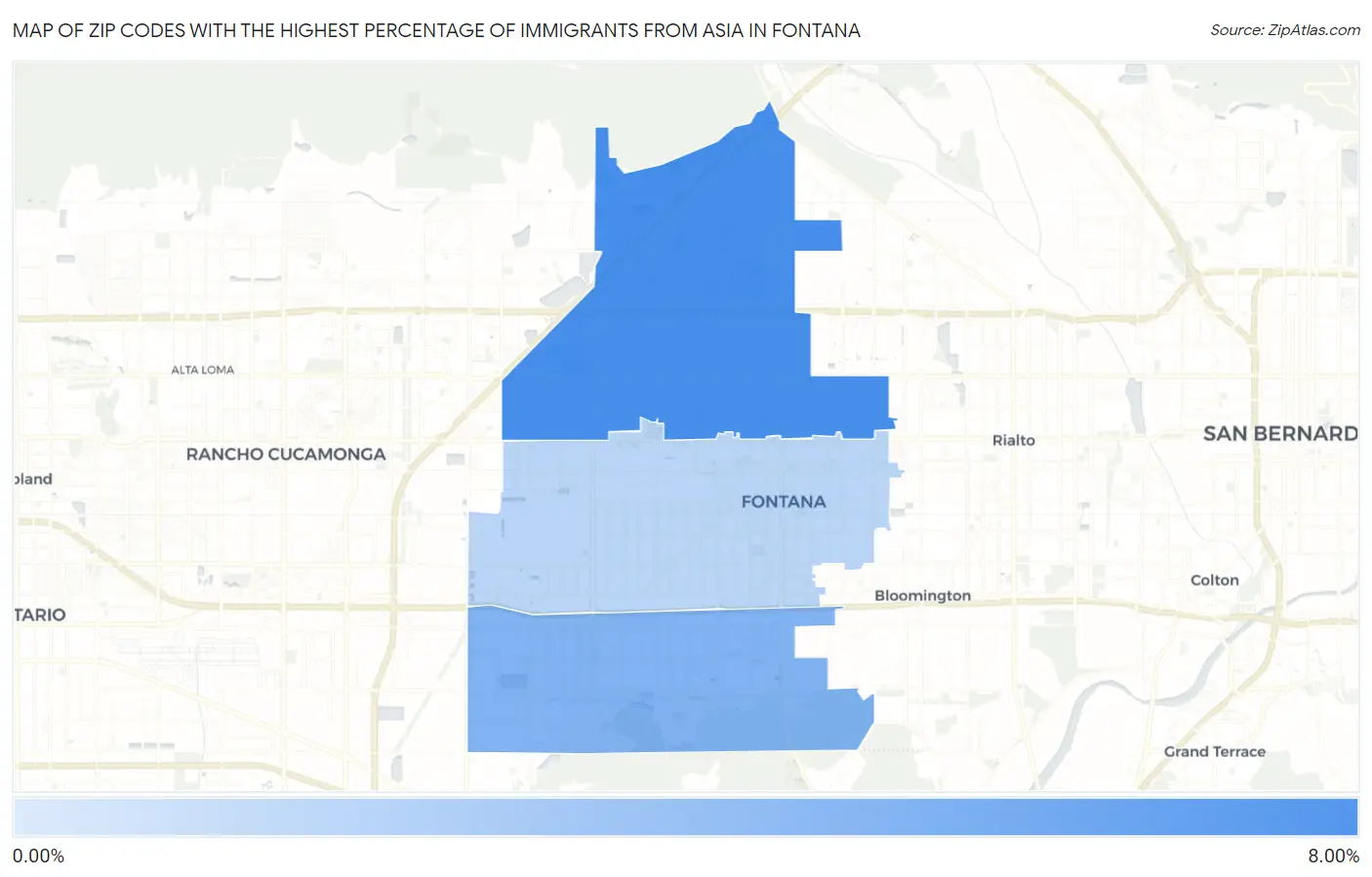 Zip Codes with the Highest Percentage of Immigrants from Asia in Fontana Map