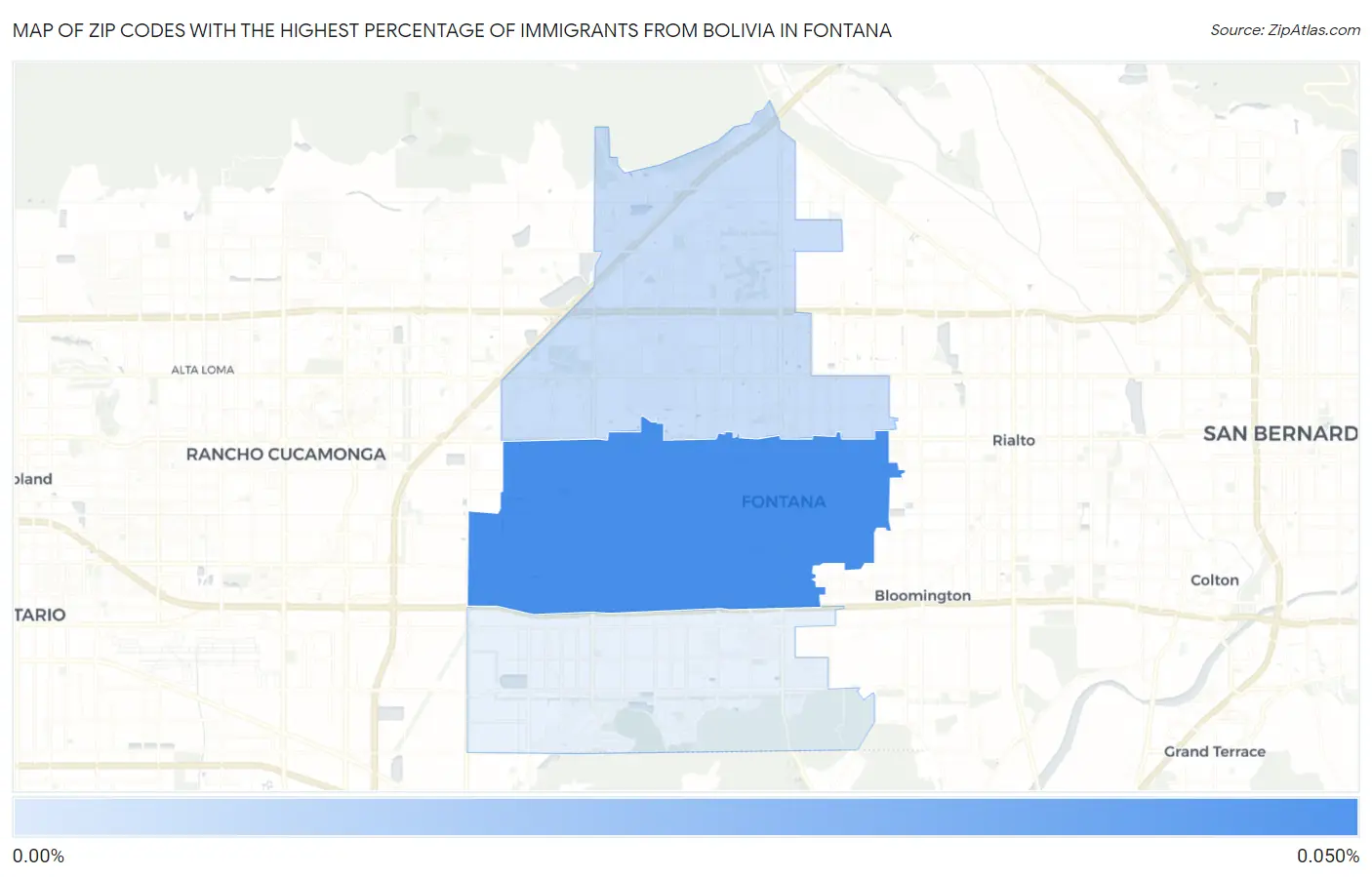 Zip Codes with the Highest Percentage of Immigrants from Bolivia in Fontana Map