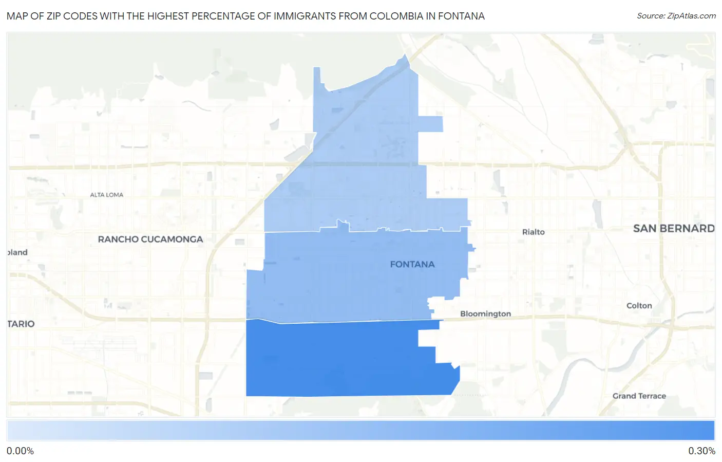 Zip Codes with the Highest Percentage of Immigrants from Colombia in Fontana Map