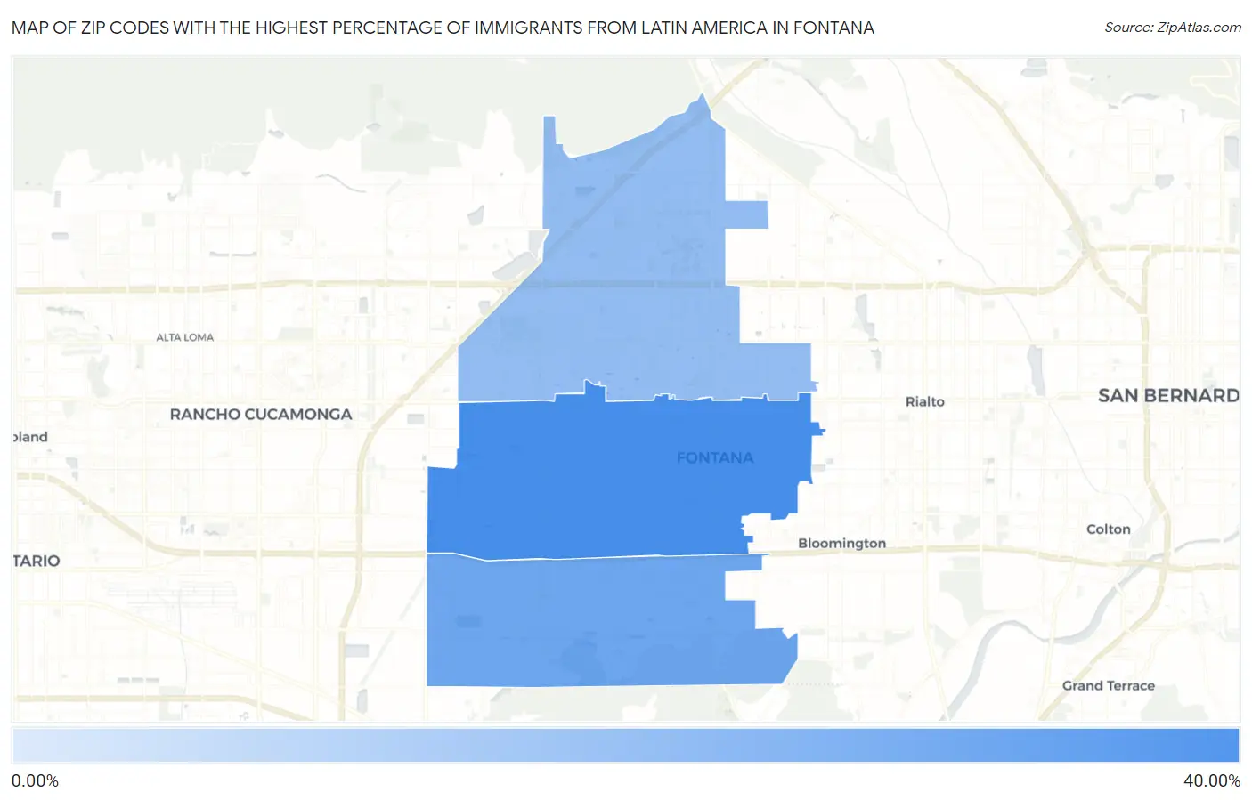 Zip Codes with the Highest Percentage of Immigrants from Latin America in Fontana Map