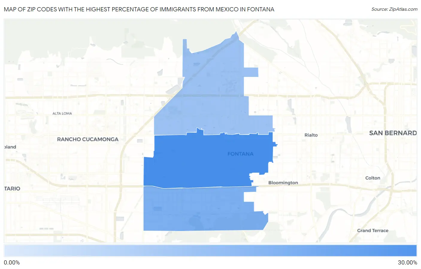 Zip Codes with the Highest Percentage of Immigrants from Mexico in Fontana Map