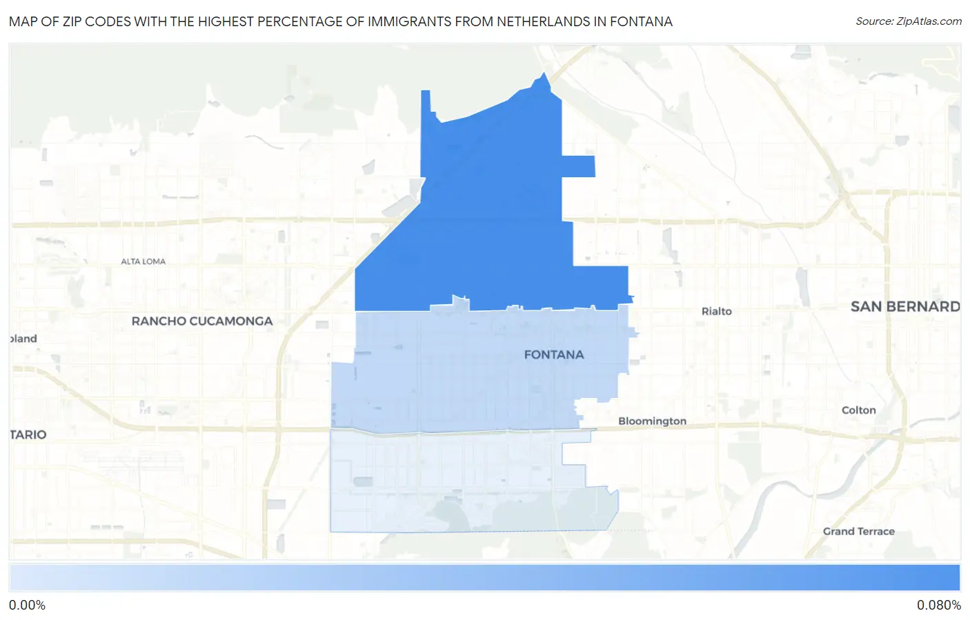 Zip Codes with the Highest Percentage of Immigrants from Netherlands in Fontana Map