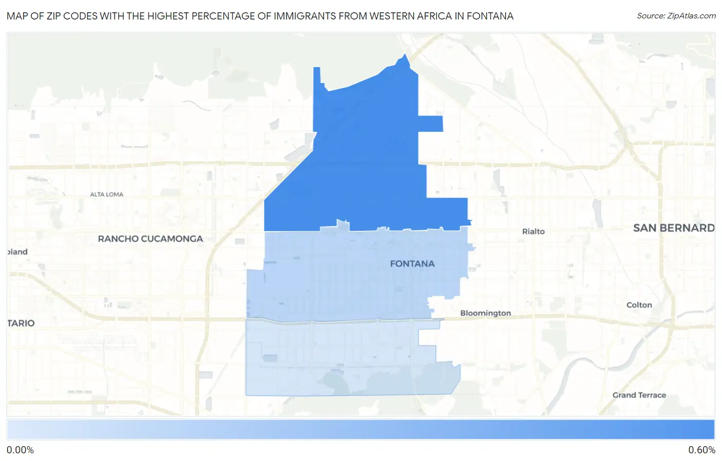 Zip Codes with the Highest Percentage of Immigrants from Western Africa in Fontana Map