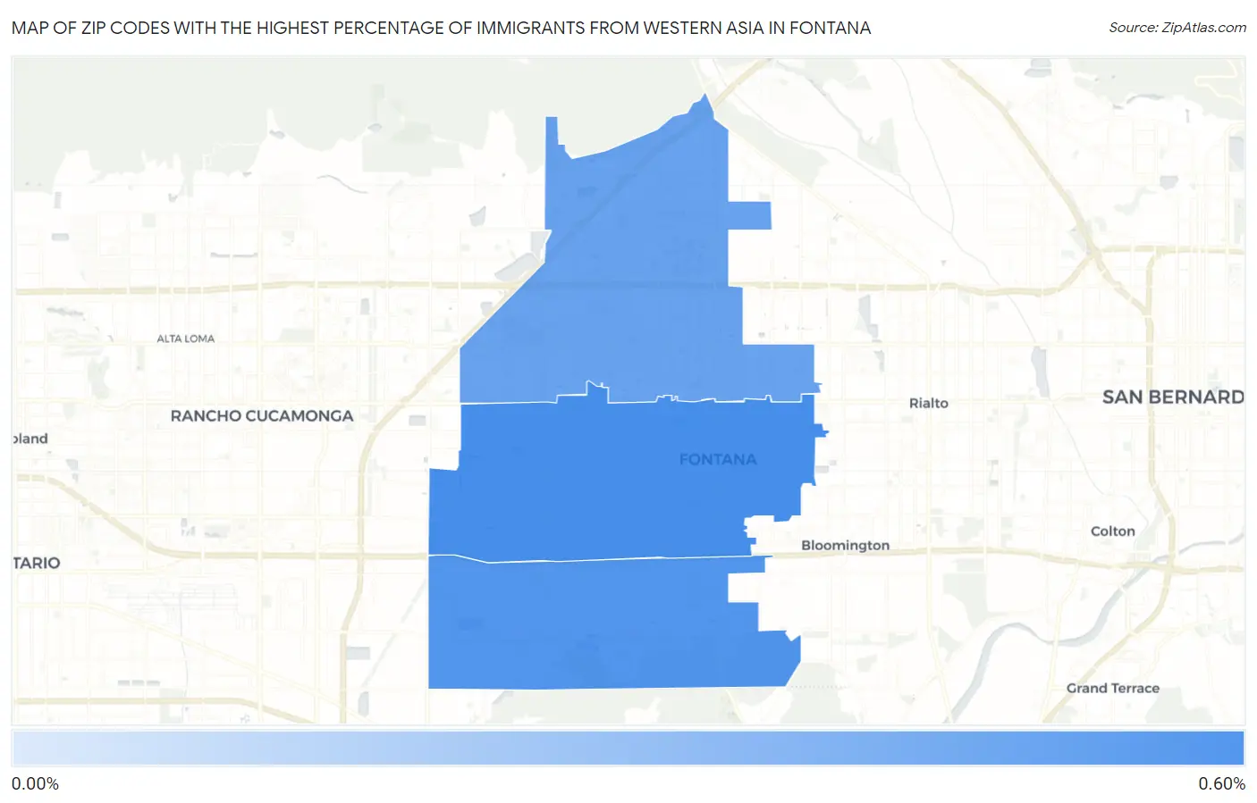 Zip Codes with the Highest Percentage of Immigrants from Western Asia in Fontana Map