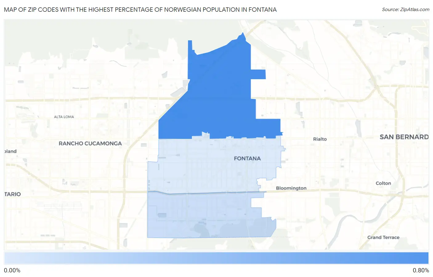Zip Codes with the Highest Percentage of Norwegian Population in Fontana Map