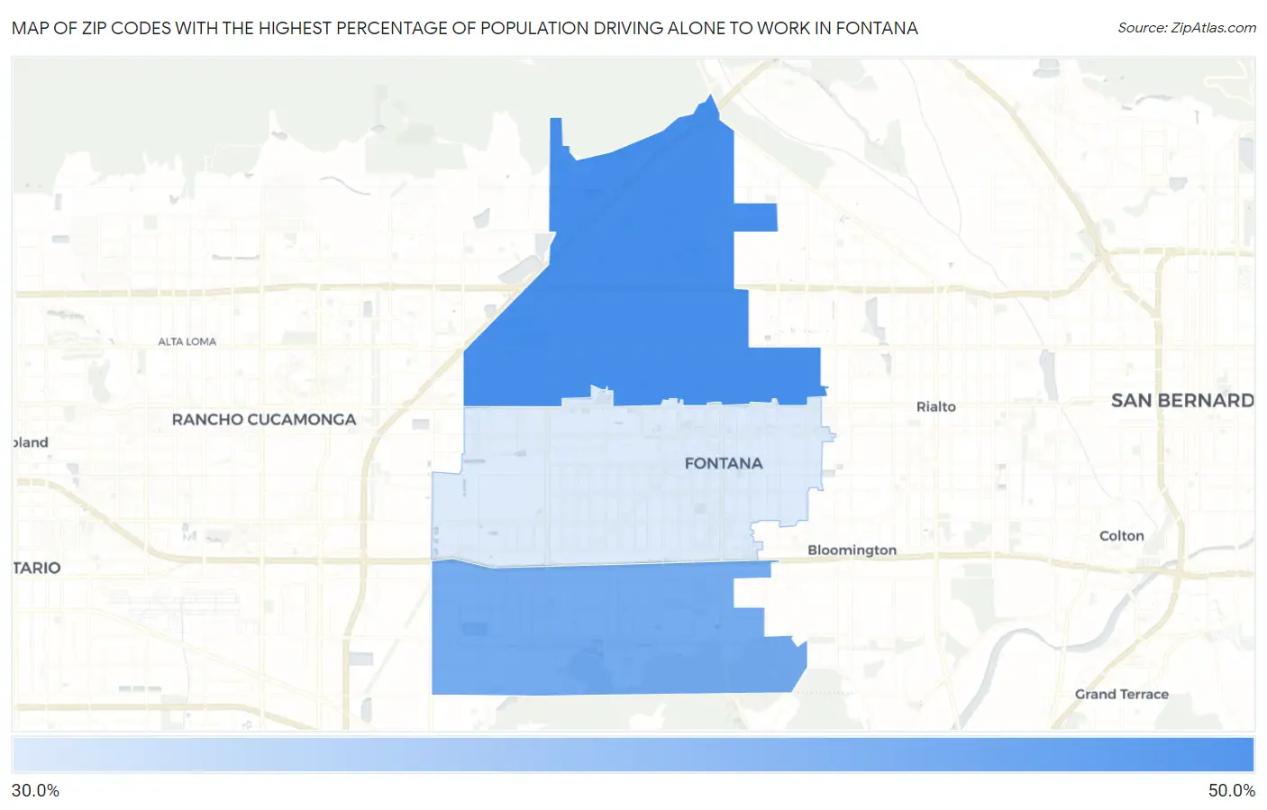 Zip Codes with the Highest Percentage of Population Driving Alone to Work in Fontana Map
