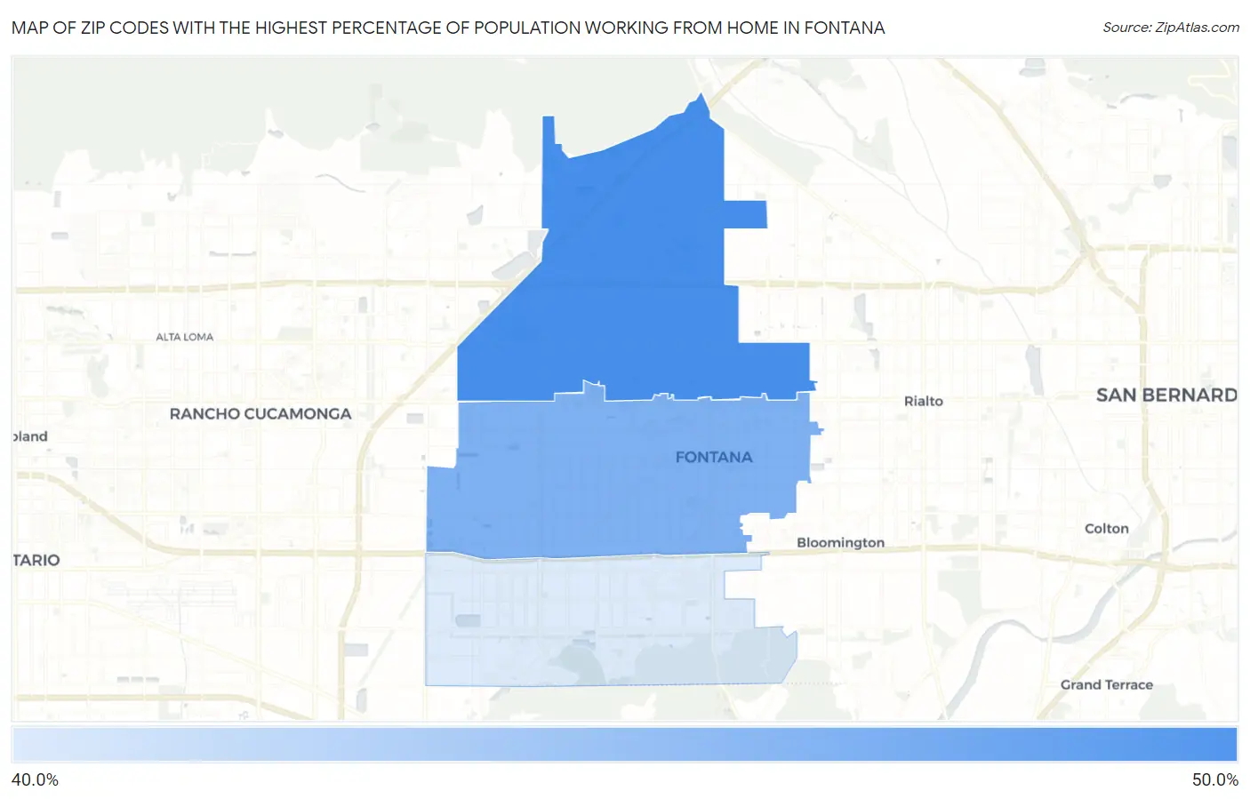 Zip Codes with the Highest Percentage of Population Working from Home in Fontana Map