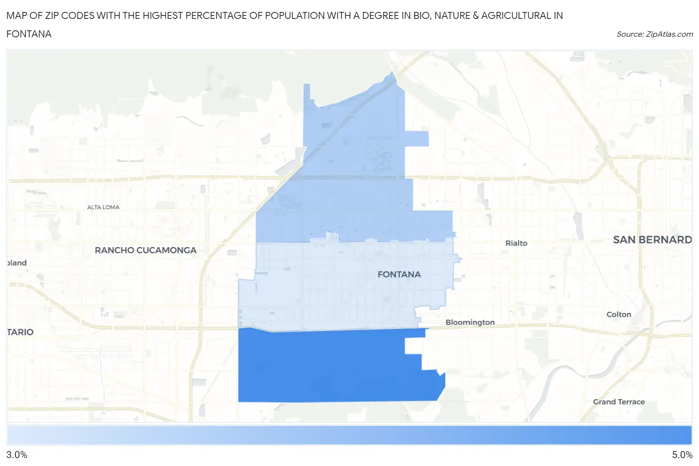 Zip Codes with the Highest Percentage of Population with a Degree in Bio, Nature & Agricultural in Fontana Map