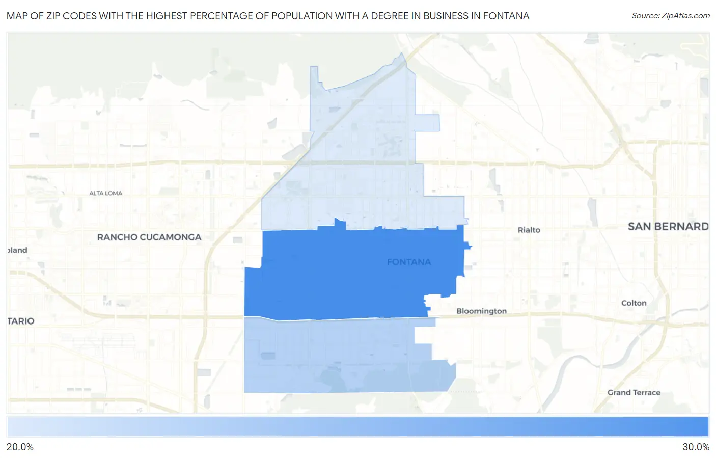 Zip Codes with the Highest Percentage of Population with a Degree in Business in Fontana Map