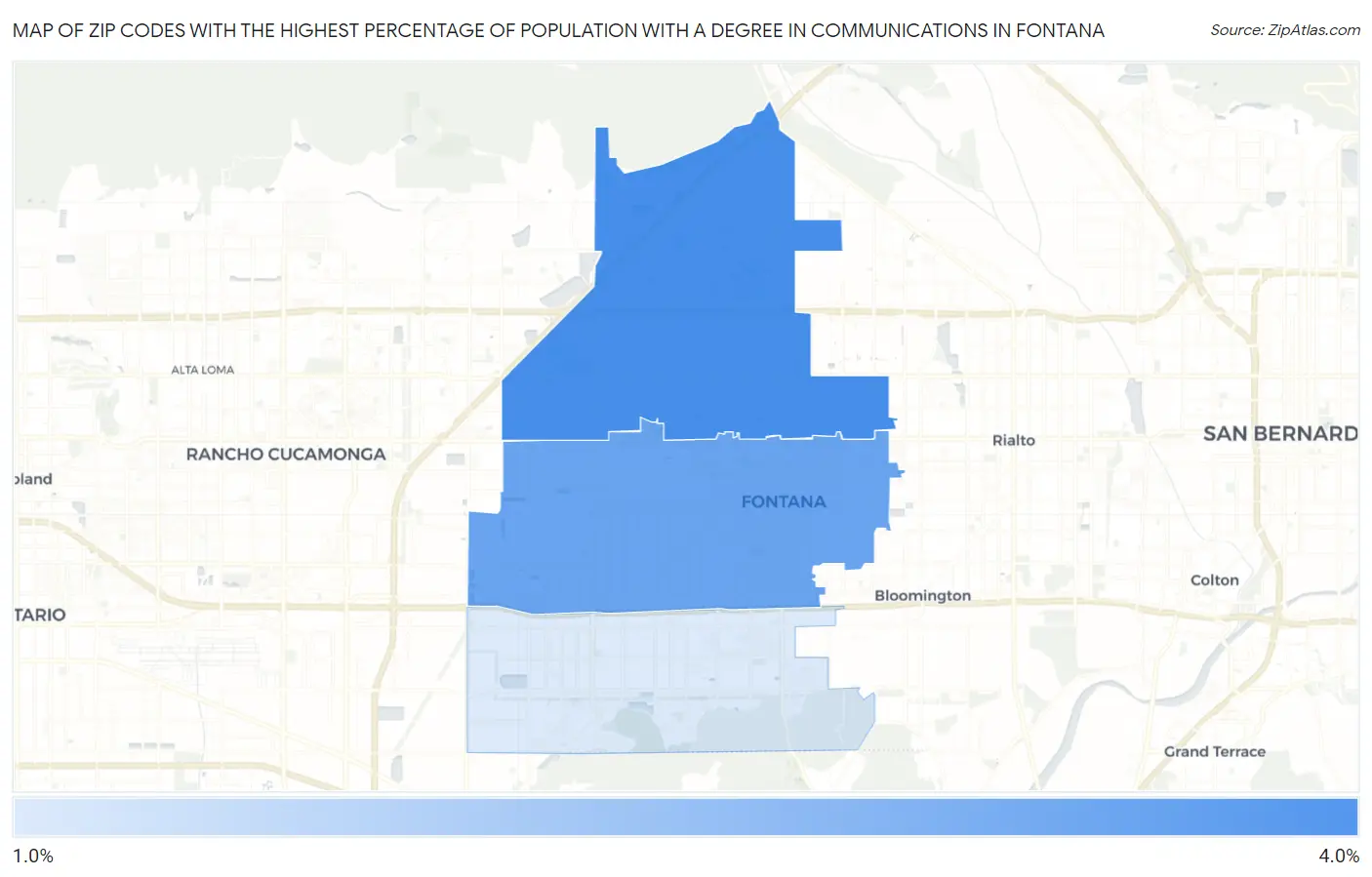 Zip Codes with the Highest Percentage of Population with a Degree in Communications in Fontana Map