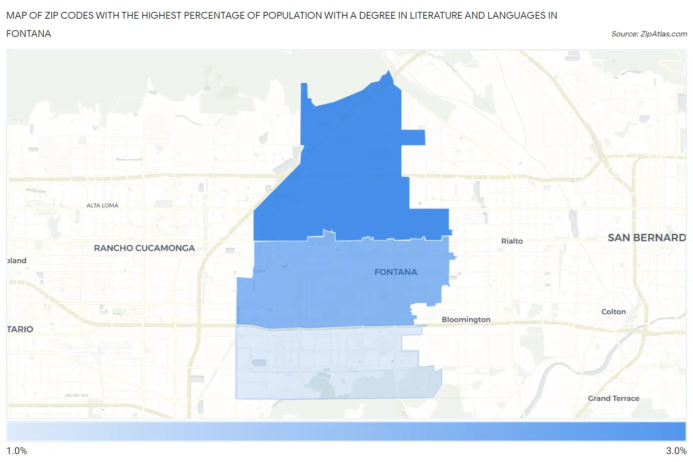 Zip Codes with the Highest Percentage of Population with a Degree in Literature and Languages in Fontana Map