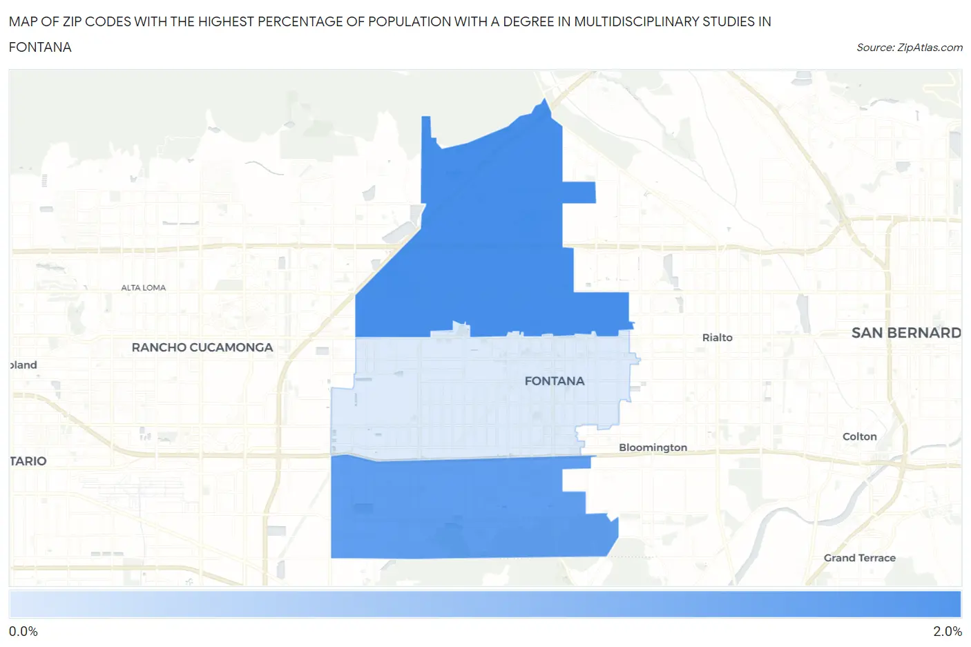 Zip Codes with the Highest Percentage of Population with a Degree in Multidisciplinary Studies in Fontana Map