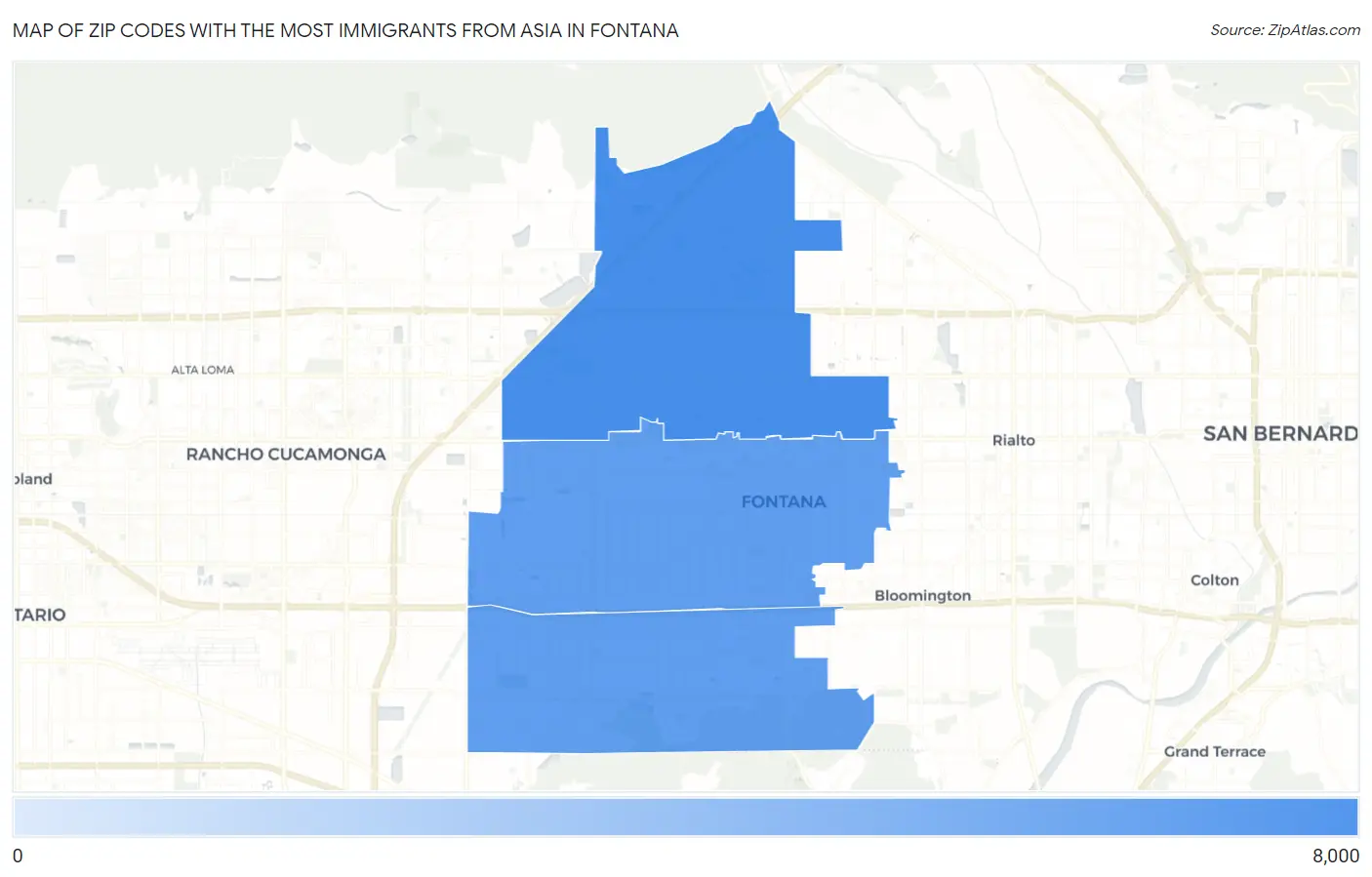 Zip Codes with the Most Immigrants from Asia in Fontana Map