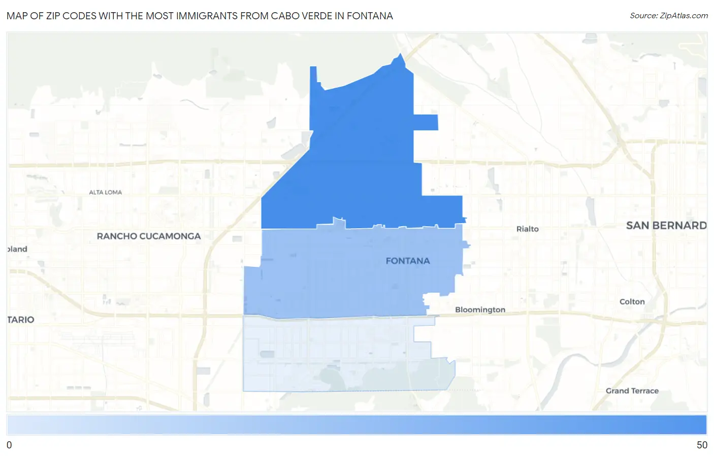 Zip Codes with the Most Immigrants from Cabo Verde in Fontana Map