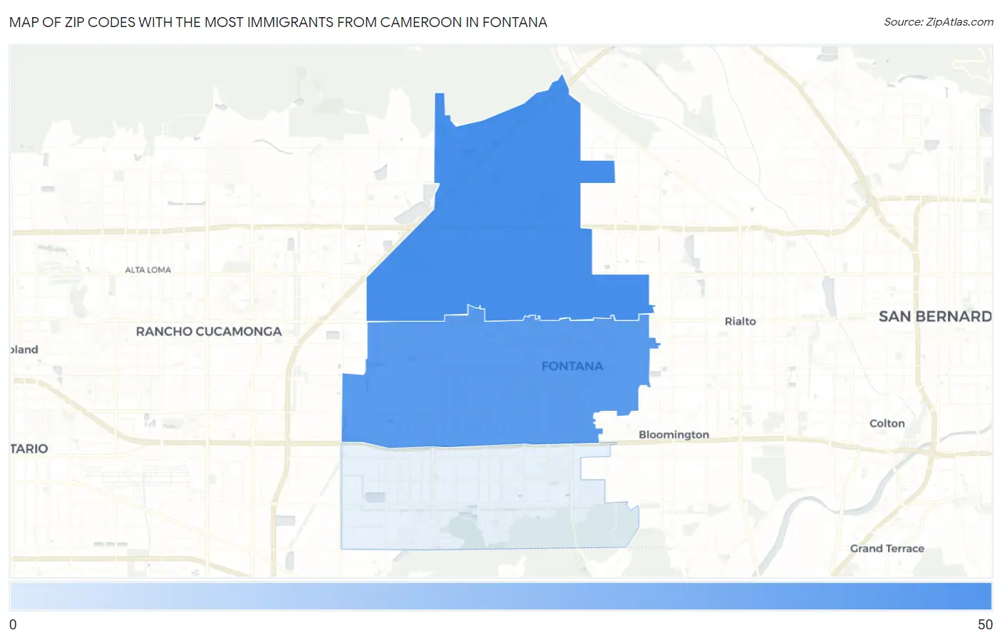 Zip Codes with the Most Immigrants from Cameroon in Fontana Map