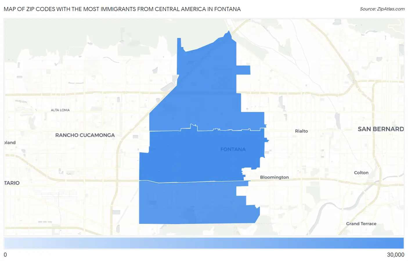 Zip Codes with the Most Immigrants from Central America in Fontana Map