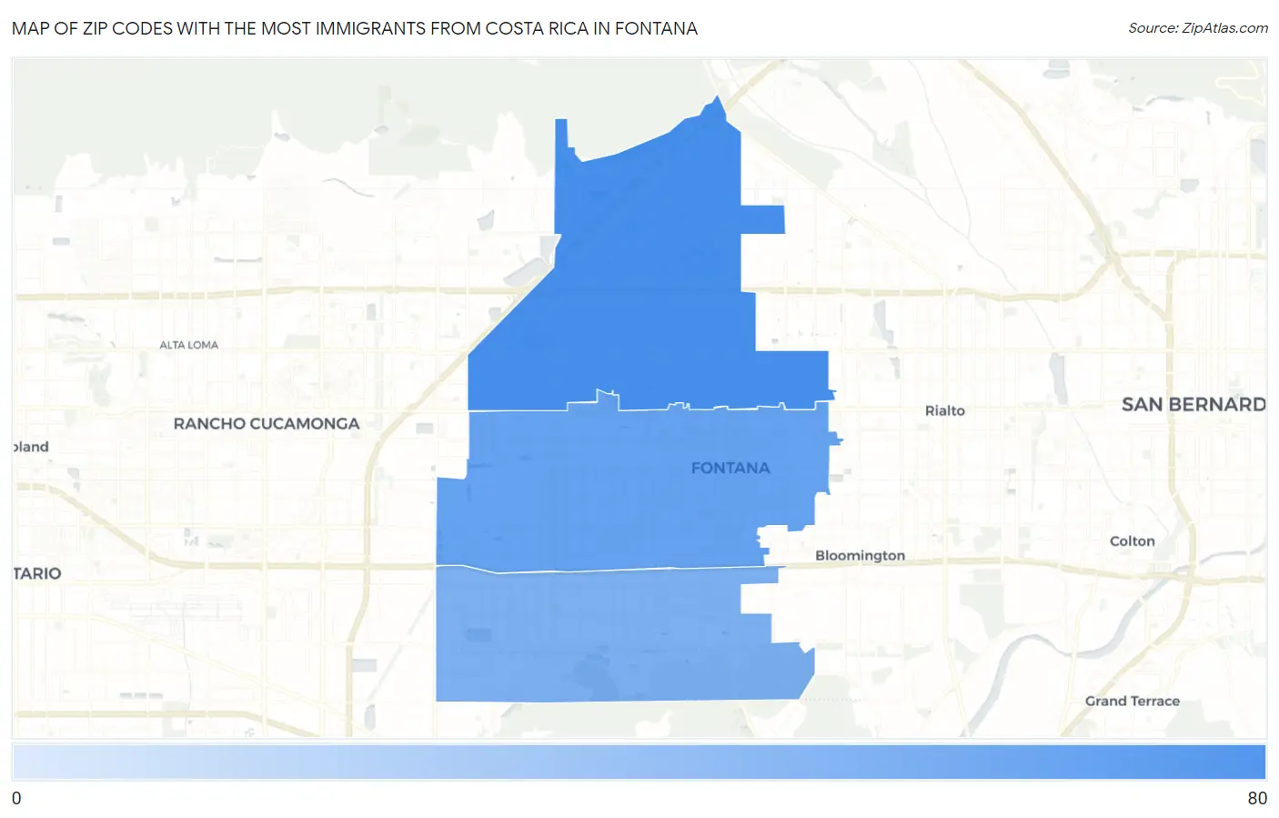 Zip Codes with the Most Immigrants from Costa Rica in Fontana Map