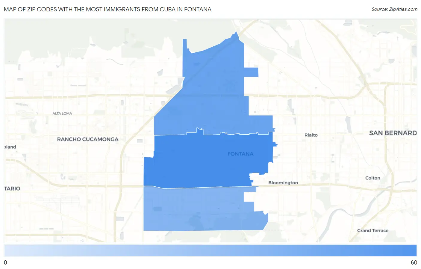 Zip Codes with the Most Immigrants from Cuba in Fontana Map