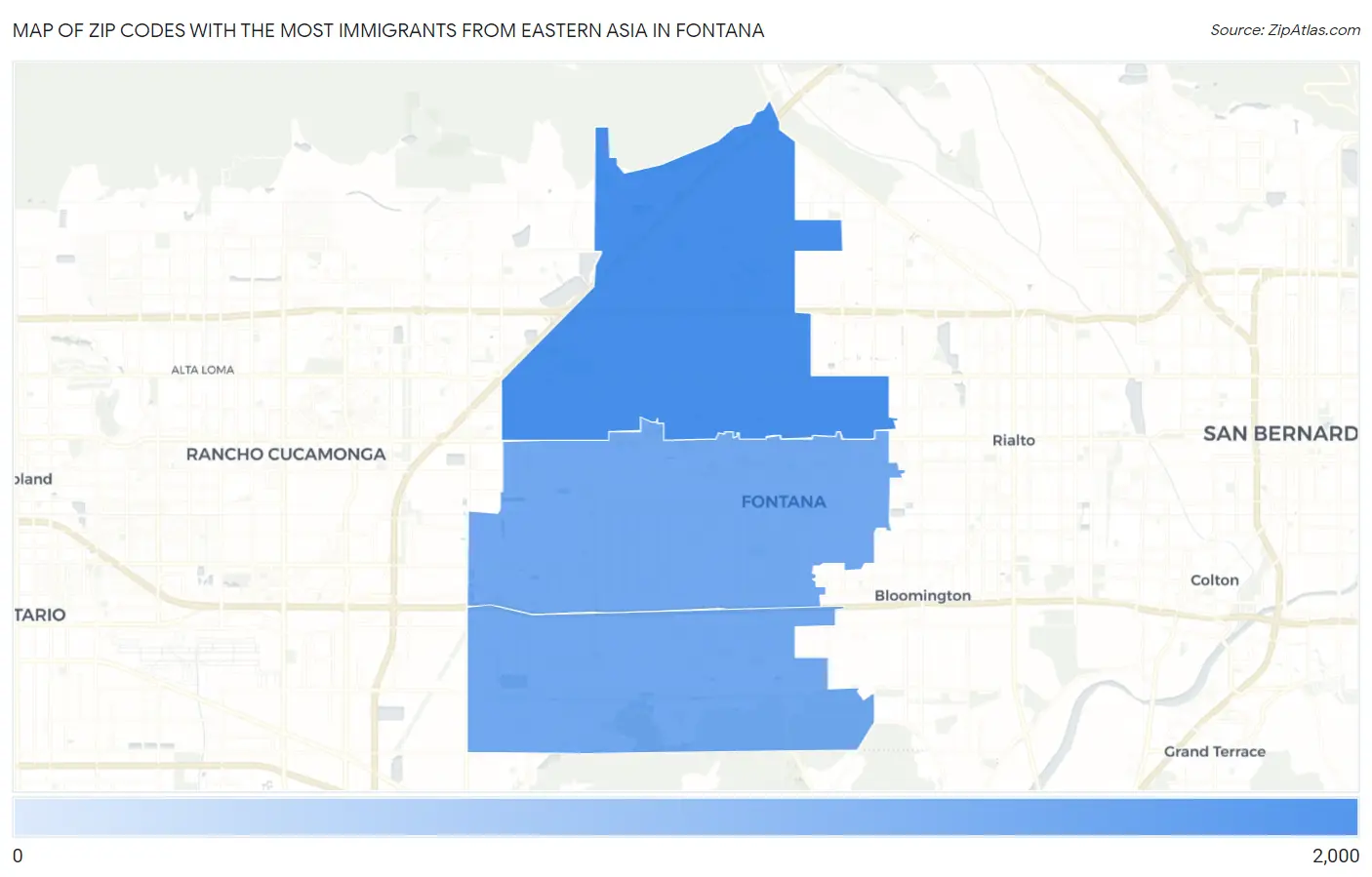 Zip Codes with the Most Immigrants from Eastern Asia in Fontana Map