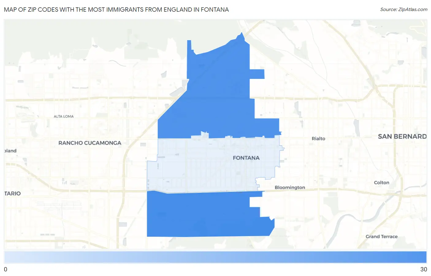 Zip Codes with the Most Immigrants from England in Fontana Map