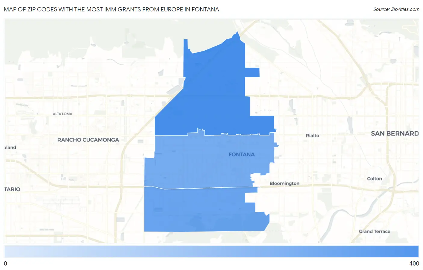 Zip Codes with the Most Immigrants from Europe in Fontana Map