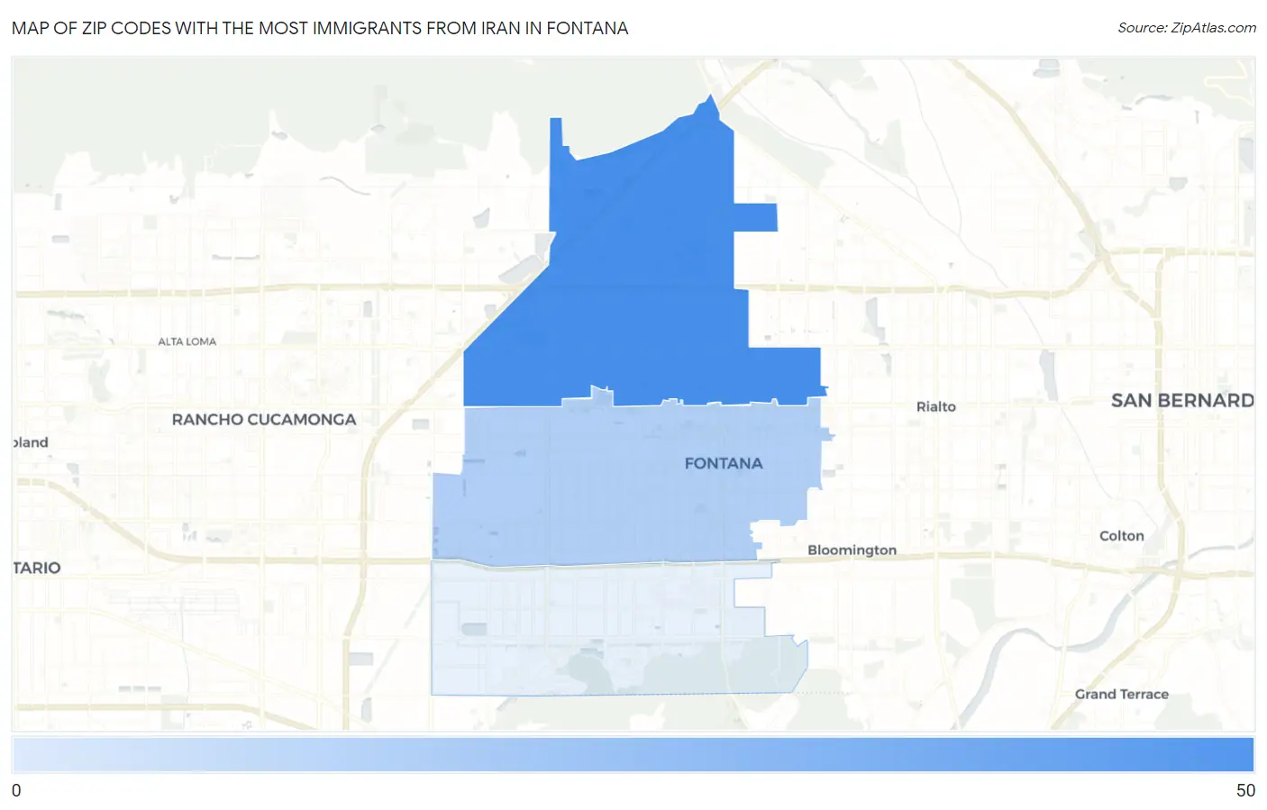 Zip Codes with the Most Immigrants from Iran in Fontana Map