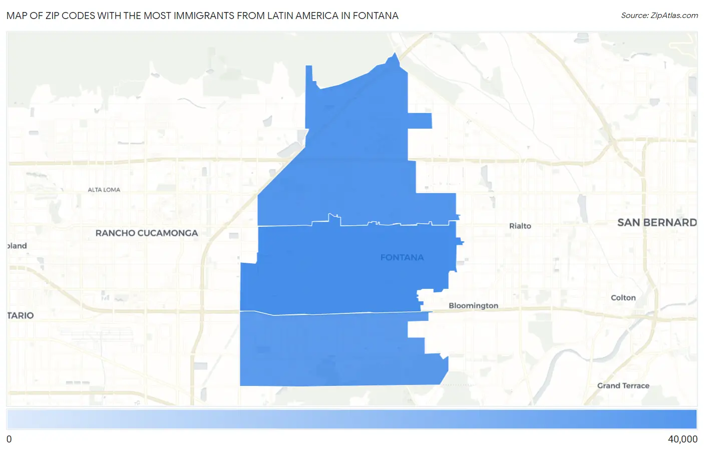 Zip Codes with the Most Immigrants from Latin America in Fontana Map