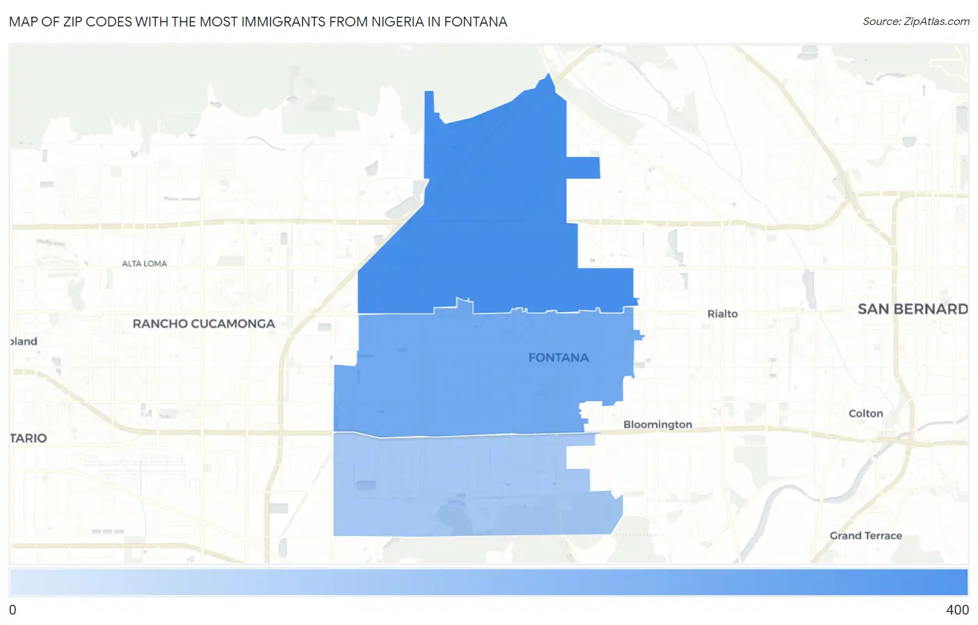 Zip Codes with the Most Immigrants from Nigeria in Fontana Map