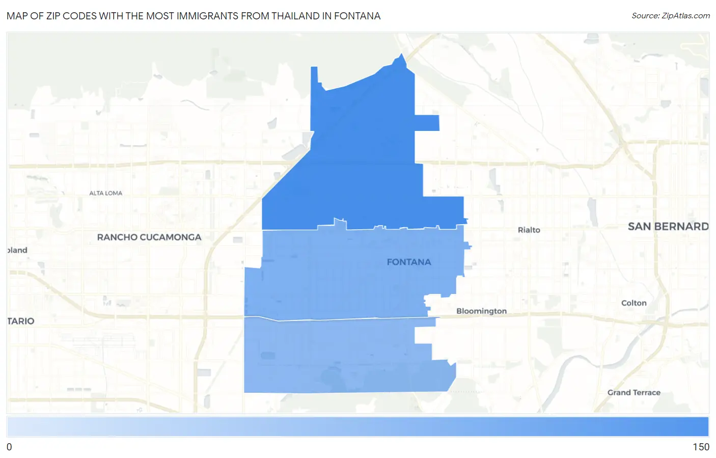 Zip Codes with the Most Immigrants from Thailand in Fontana Map