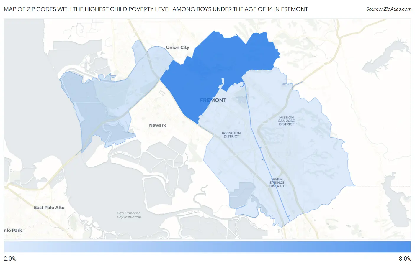 Zip Codes with the Highest Child Poverty Level Among Boys Under the Age of 16 in Fremont Map