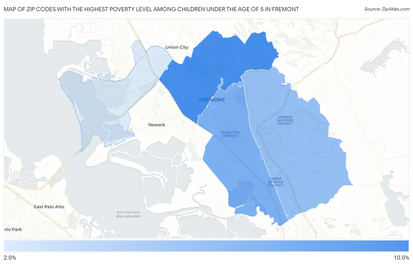 Zip Codes with the Highest Poverty Level Among Children Under the Age of 5 in Fremont Map