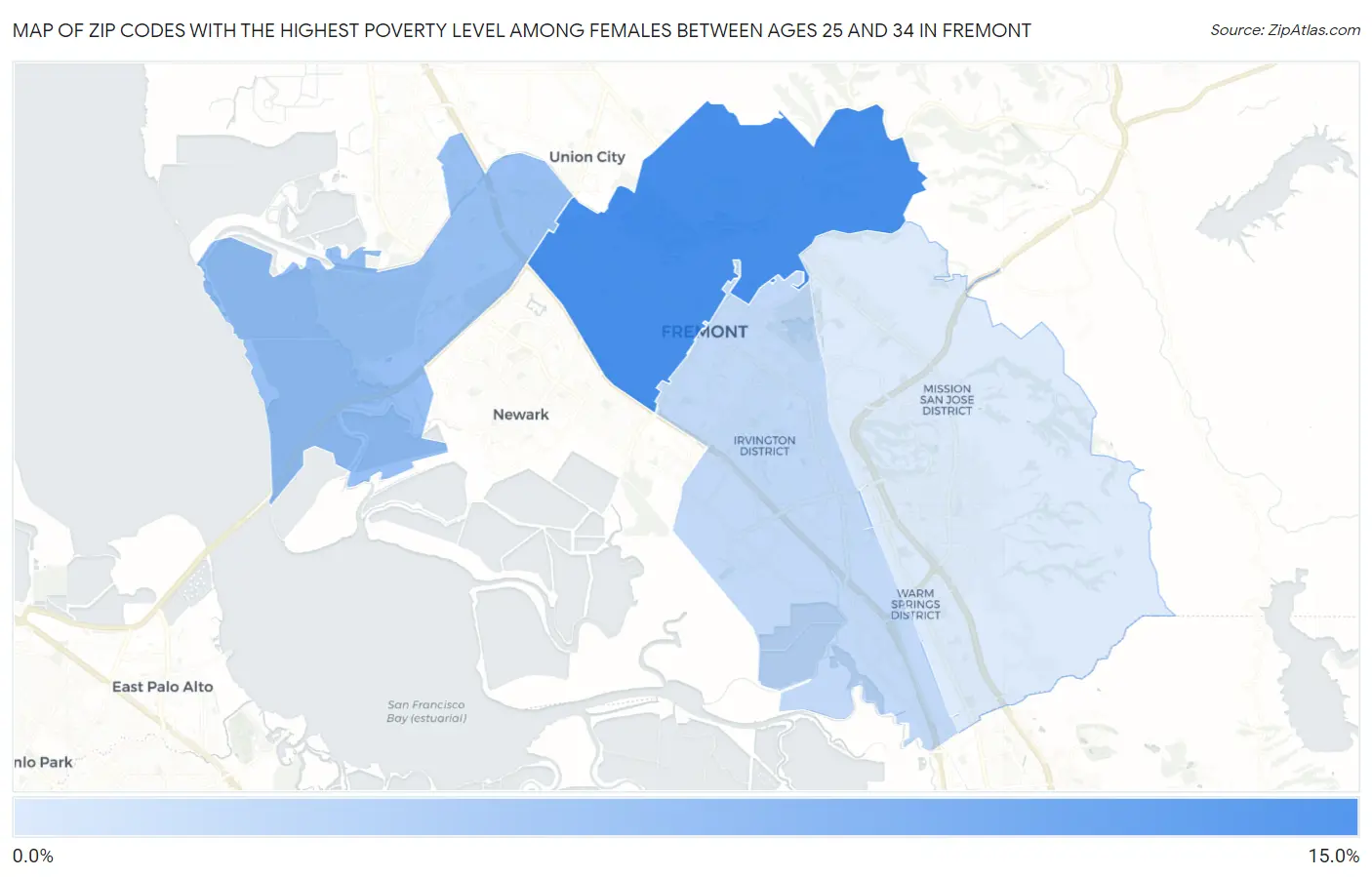 Zip Codes with the Highest Poverty Level Among Females Between Ages 25 and 34 in Fremont Map