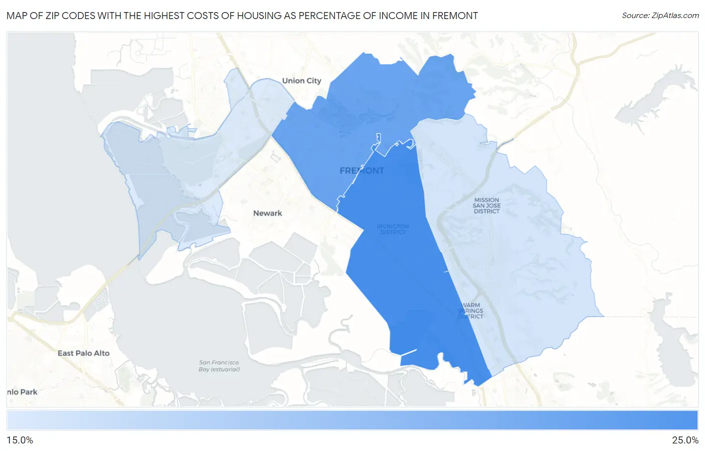 Zip Codes with the Highest Costs of Housing as Percentage of Income in Fremont Map